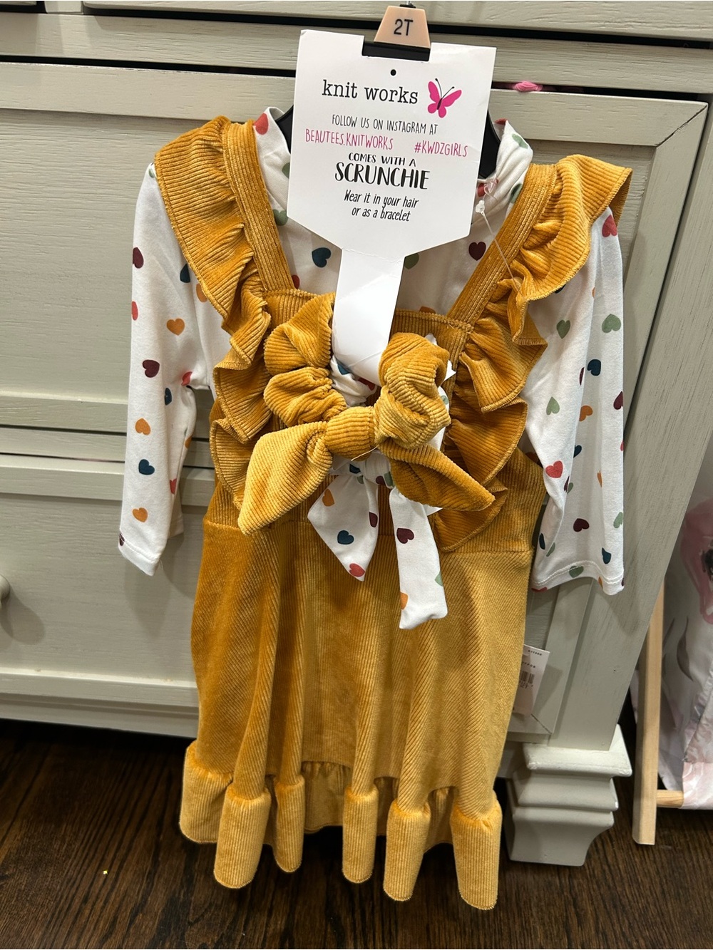 Knitworks Girls' Mustard Corduroy Dress with Heart-Print Top and Scrunchie
